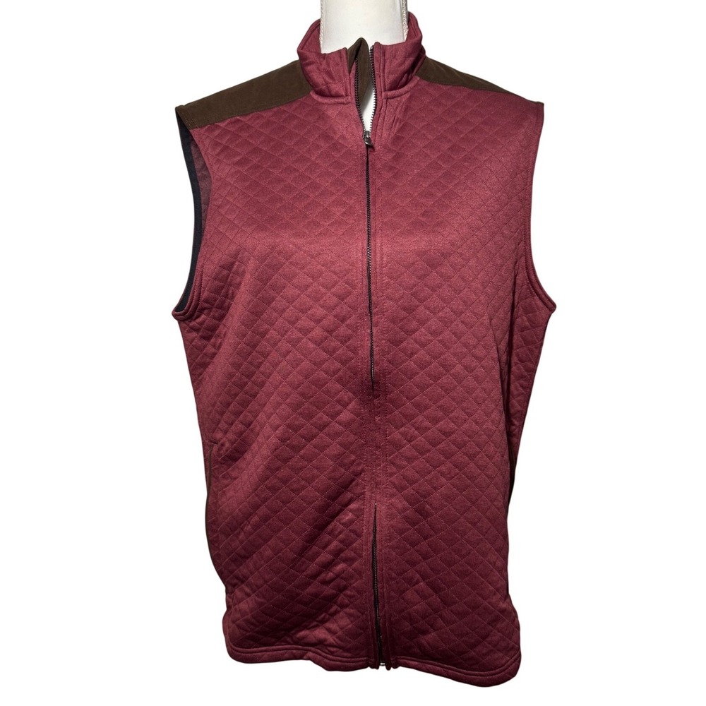 Cremieux Quilted Full Zip Vest Medium Burgundy Brown Faux Suede Trim